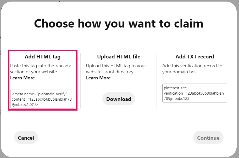 choose how you want to claim: add html tag