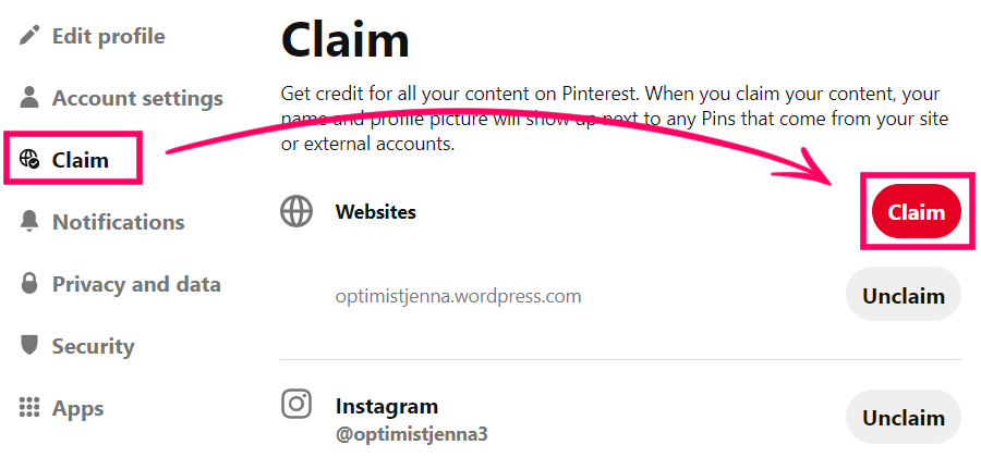 go to claim on Pinterest and claim a website