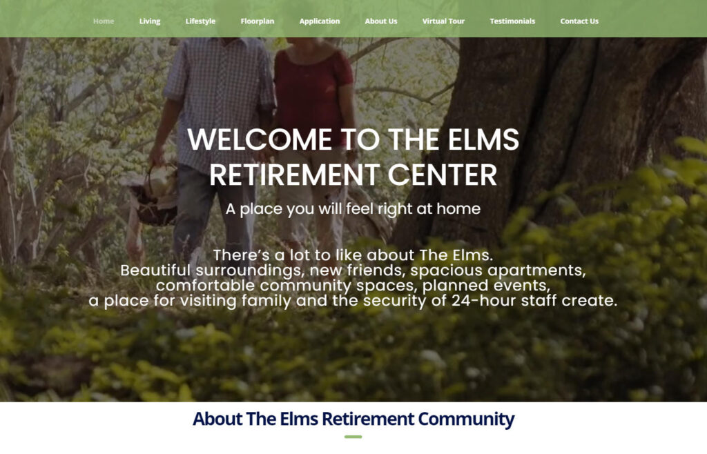Elms website, with a peaceful background and welcoming text