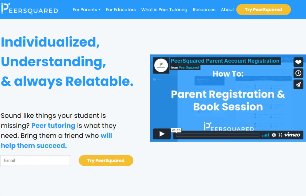 Peersquared website, a clean site with blue and gold