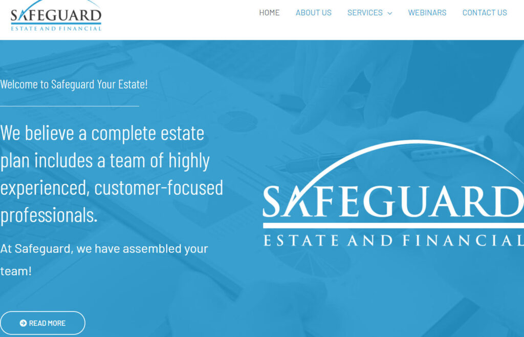 Safeguard Your Estate website, with large clear text over a blue image background