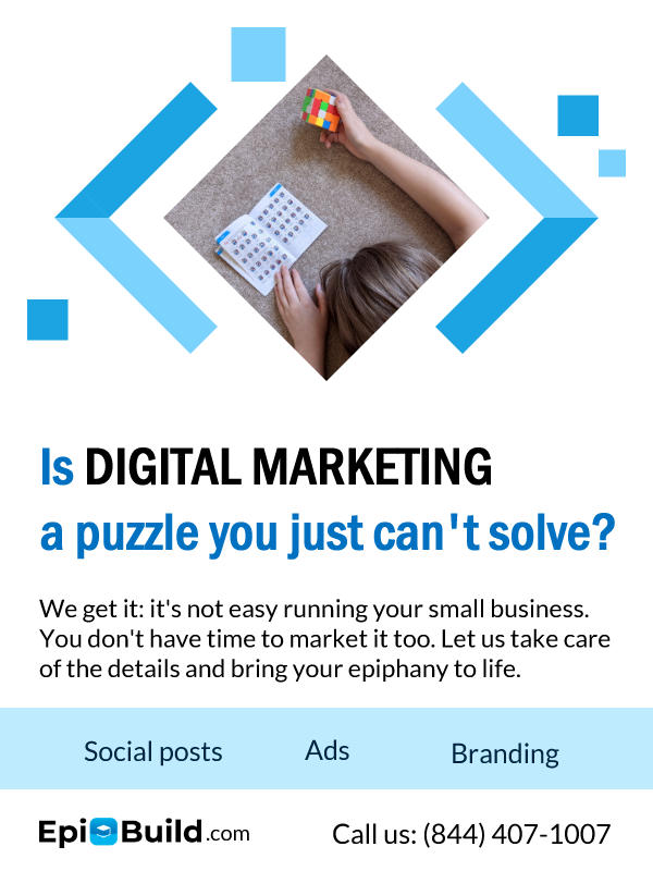 flyer with someone struggling with a rubik's cube and the title is digital marketing a puzzle you just can't solve