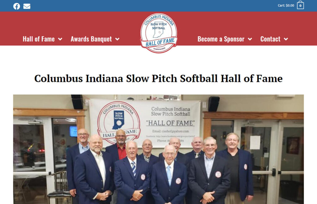 Columbus Indiana Slow Pitch Softball Hall of Fame with a classy top menu and a picture of smiling inductees