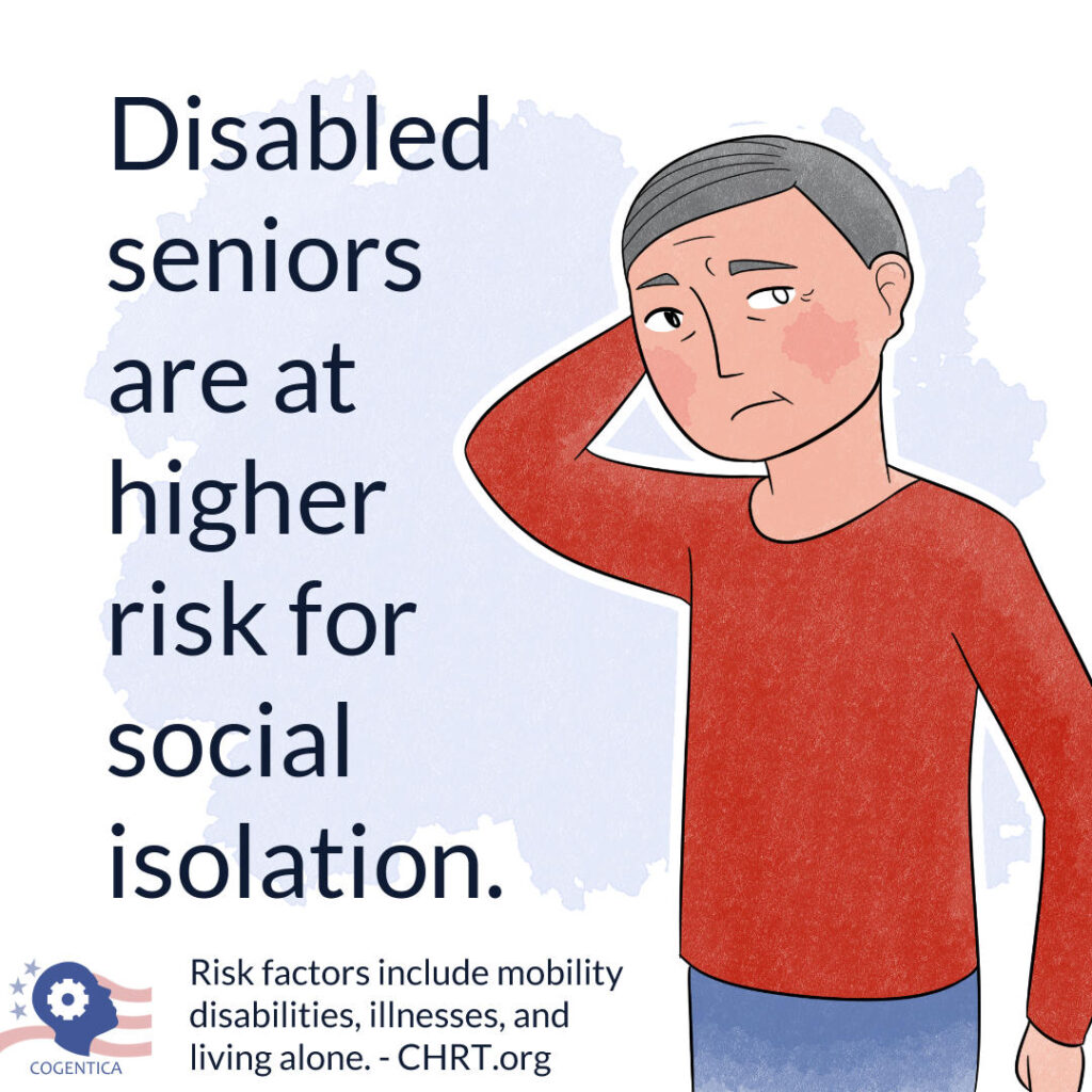 Instagram post from Cogentica. Drawing of a sad old man who is blind in one eye with words saying disabled seniors are at higher risk for social isolation. Risk factors include mobility disabilities, illnesses, and living alone. Fact from CHRT dot org.